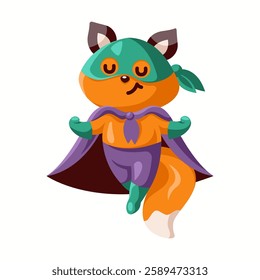 Illustration of a whimsical cartoon fox wearing a vibrant superhero outfit including a mask and cape, showcasing playful hero themes, ideal for children's content.