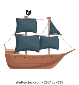 Illustration of a whimsical cartoon pirate ship with sails unfurled, isolated on white
