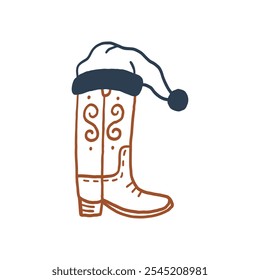 Illustration of a whimsical cowboy boot adorned with a festive Santa hat, combining Western style with holiday cheer. Ideal for Christmas-themed designs and seasonal celebrations