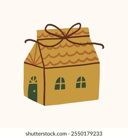 Illustration of a whimsical house-shaped gift box tied with a ribbon. Vector hand drawn illustration in freehand style