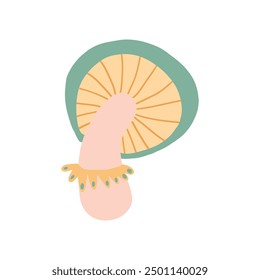 Illustration of a whimsical mushroom with a green cap, beige gills, and a soft pastel color palette. Simple and cute design, perfect for nature-themed or autumnal projects.