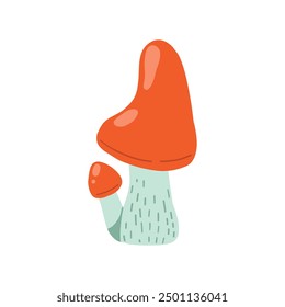 Illustration of a whimsical red mushroom with a tall, rounded cap and a smaller companion mushroom. Set against a white background, perfect for nature-themed designs or autumn decor.