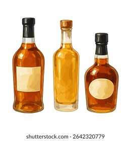 Ilustração de garrafas de uísque em diferentes tamanhos e formas. Adequado para marcas de álcool, menus de bar, embalagens de bebidas e projetos da indústria de bebidas