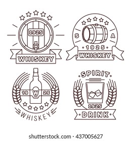 Illustration whisky logo set in thin line style. Vector whiskey alcohol drinks modern labels for pub and whiskey bar