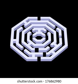 Illustration of white 3d labyrinth in octangle shape on black background