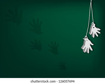 An Illustration of White Artificial Open Hand for Surrender Hand Signal or Retirement Hanging from Cord on Dark Green Background