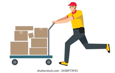 Ilustración de fondo blanco de un hombre caucásico de 8ª clase que lleva el equipaje en un carro. diseño plano. Imagen de transporte de entrega y logística de mensajería