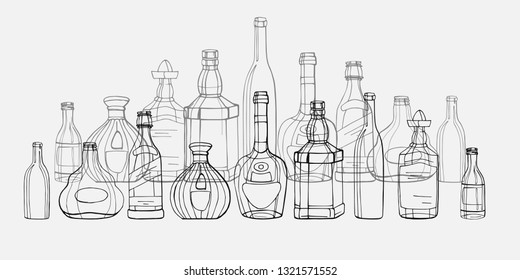 Illustration of a white background, for bars and restaurants. Cognac, rum, tequila, wine, whiskey, vodka, beer. нарисовано вручную.