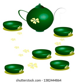 illustration of white background tea set Cup teapot green ornament bright interior vector graphic