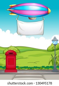 Illustration of a white banner carried by a colorful aircraft