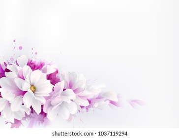 Illustration of white beautiful Magnolias, Spring elegant flowers depicted on the watercolor background.