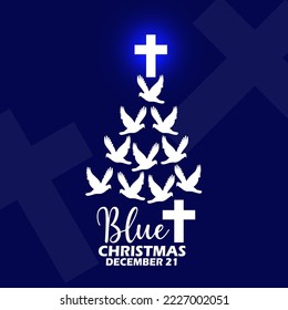 Illustration of white birds forming a Christmas tree with a cross on it with bold text on a dark blue background to commemorate Blue Christmas on December 21