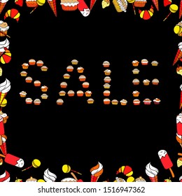 Illustration in white, black and red colors. Seamless pattern. Lettering. Drawn art sign. Nice sale banner. Vector illustration.
