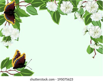 ilustración con árbol de floración blanca y mariposas oscuras