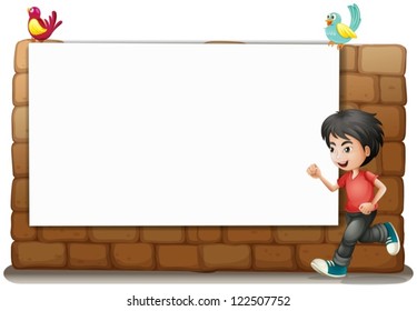 Illustration of a white board, a boy and birds on a white background