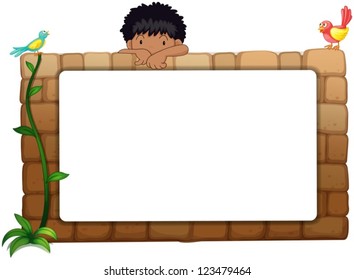 Illustration of a white board, a boy and birds on a white background