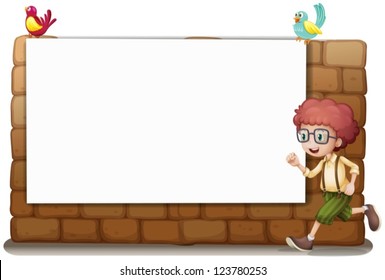 Ilustración de una tabla blanca, un niño y pájaros sobre un fondo blanco