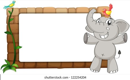 Illustration of a white board, an elephant and birds on a white background