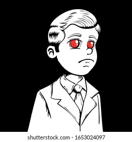 Illustration white boy in a suit and tie, red eyes, terror. Ideal for institutional and promotional materials