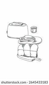 Illustration of white bread and toaster line art sketch. Kitcen home Coloring page 