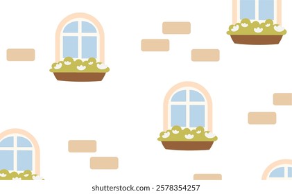 Illustration of a white brick wall with some pink windows and green plants