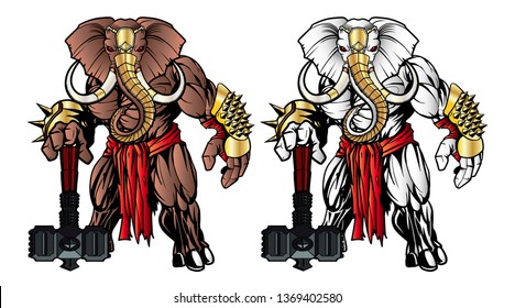Illustration of white and brown Elephant vector warrior with hammer