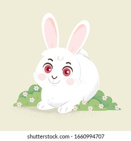 Illustration of a White Bunny or Rabbit Staring Straight Forward with Attractive Round Pink Eyes in Flower Shrub