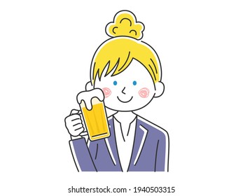 Illustration Of A White Business Woman Drinking Beer.