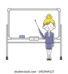 Illustration of a white business woman explaining on a whiteboard.