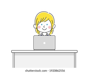 Illustration of a white business woman working on a laptop.