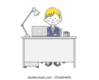 Illustration of a white businessman working on a laptop at his desk.