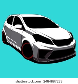 illustration of a white car with tinted mirrors and lights and red sport rims with cyan color background