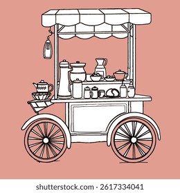 Illustration of a white cart and pink background selling drinks in an aesthetic style. Drink cart serving hand-drawn illustrations. Coloring book