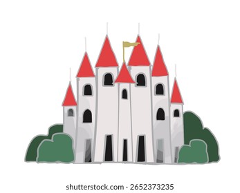 Illustration of a white castle with a red roof surrounded by a forest