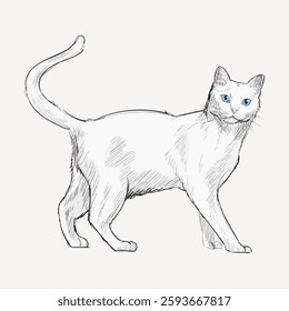 Illustration of a white cat with blue eyes. The cat is standing with its tail up. Sketch style, showing a playful and curious feline. White cat, blue eyes. Vintage animal illustration vector.