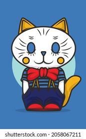 Illustration of a white cat character in a quirky outfit on a blue background