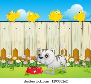 Illustration of a white cat with a dog food and four yellow birds