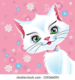 Illustration of a white cat on a pink background. Vector image for design, graphics, print, posters, magazine.