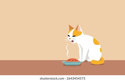 Illustration of a white cat with orange spots sitting in front of a steaming plate of food. The background is minimalist with warm beige and brown tones.