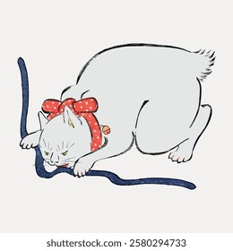 Illustration of a white cat with a red bow, playfully interacting with a blue snake. The cat, with a red bow, is focused on the snake. Playful cat scene. Vintage cat illustration isolated, vector.