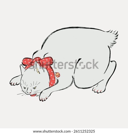 Illustration of a white cat with a red bow, crouching playfully. The cat's posture is dynamic, and the red bow adds a charming touch to the white cat's appearance. Vintage animal illustration vector.