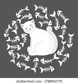 Ilustración de un gato blanco rodeado por un hueso de peces ilustración al estilo de dibujos animados sobre un fondo oscuro, vectorial eps formato 10