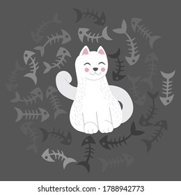 Illustration of a white cat surrounded by a fish bones cartoon-style illustration on a dark background, vector eps 10 format