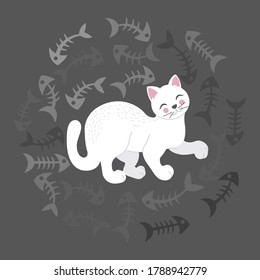 Illustration of a white cat surrounded by a fish bones cartoon-style illustration on a dark background, vector eps 10 format