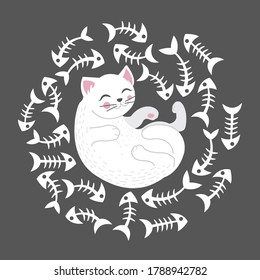 Illustration of a white cat surrounded by a fish bones cartoon-style illustration on a dark background, vector eps 10 format
