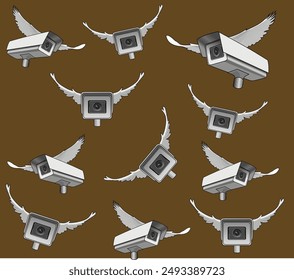 illustration of a white CCTV camera with wing accessories,