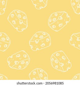 Illustration of white cheese seamless pattern on bright yellow background. Hand drawn vector