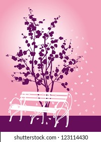 Illustration With White Cherry Tree Blossom And Bench