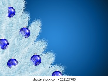 Illustration of white Christmas tree branches with blue balls 