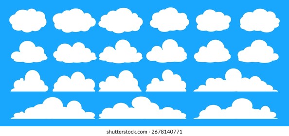 Ilustración de un icono de nube blanca sobre un fondo azul. Una colección de diseños de nube plana. Nubes blancas en varias Formas, nubes blancas con lindas Formas sobre un fondo azul, una colección de nube.